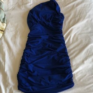 Blue one shoulder dress with ruching